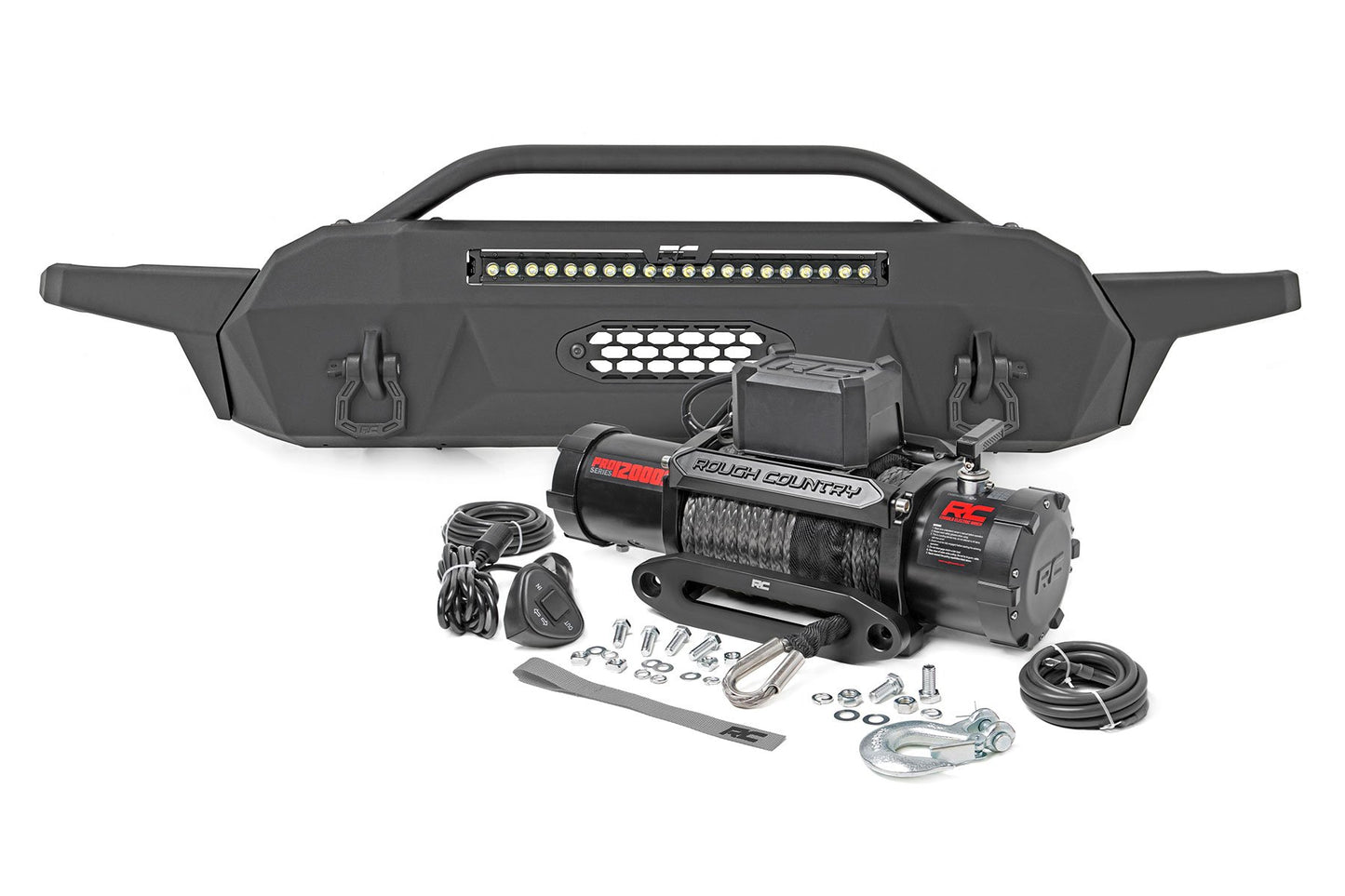 Rough Country Front Bumper | Hybrid | 20" Blk LED | 12000-Lb Winch Syn | Toyota Tacoma (16-23)