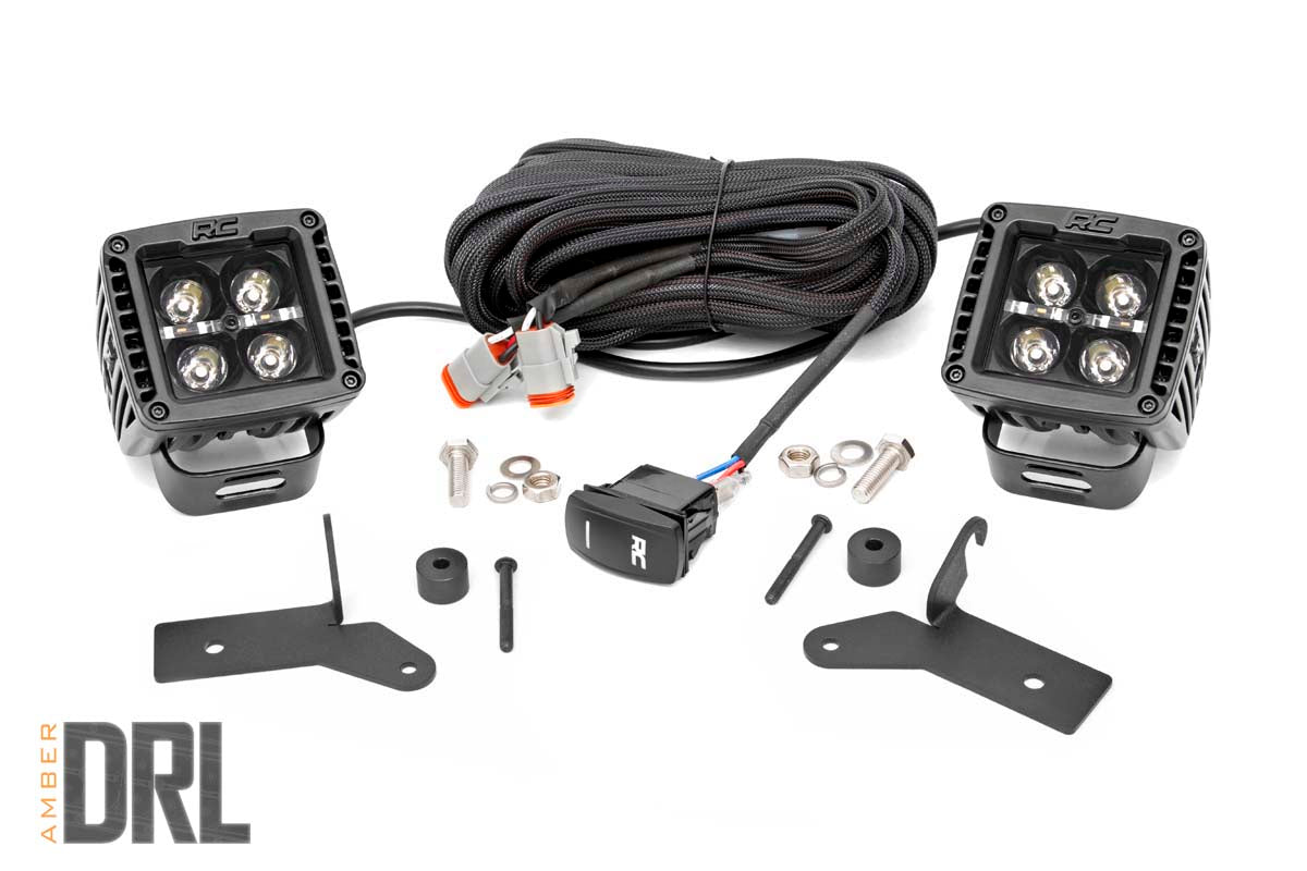 Rough Country LED Light Kit | Hinge Mount | 2" Black Pair | Amber DRL | Jeep Gladiator JT/Wrangler JL (18-26)