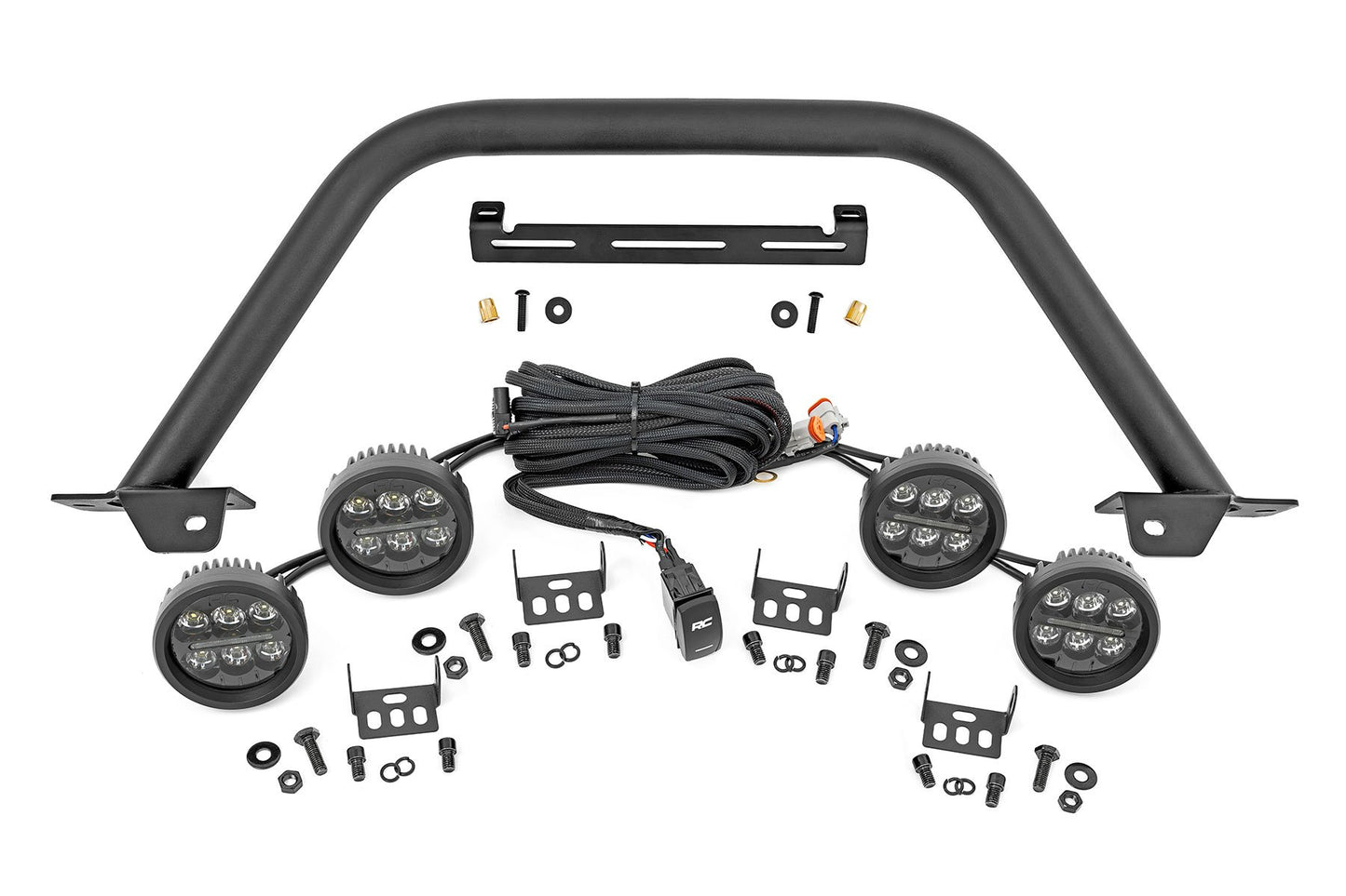 Rough Country Safari Bar | 3.5" Round LED (Quad) | Black | Amber DRL | OE Modular Steel | Ford Bronco (21-25)