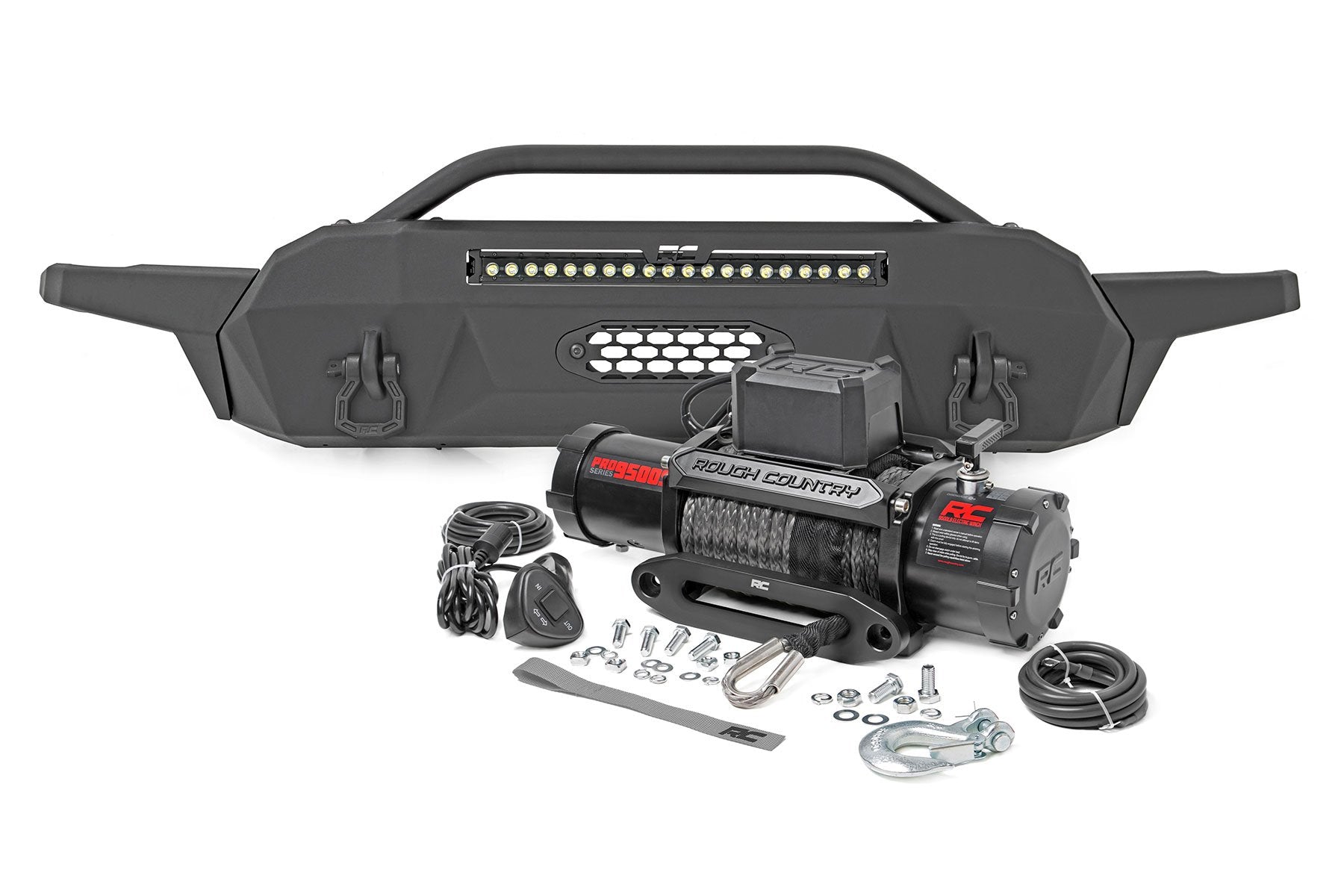 Rough Country Front Bumper | Hybrid | 20" Blk LED | 9500-Lb Winch Syn | Toyota Tacoma (16-23)