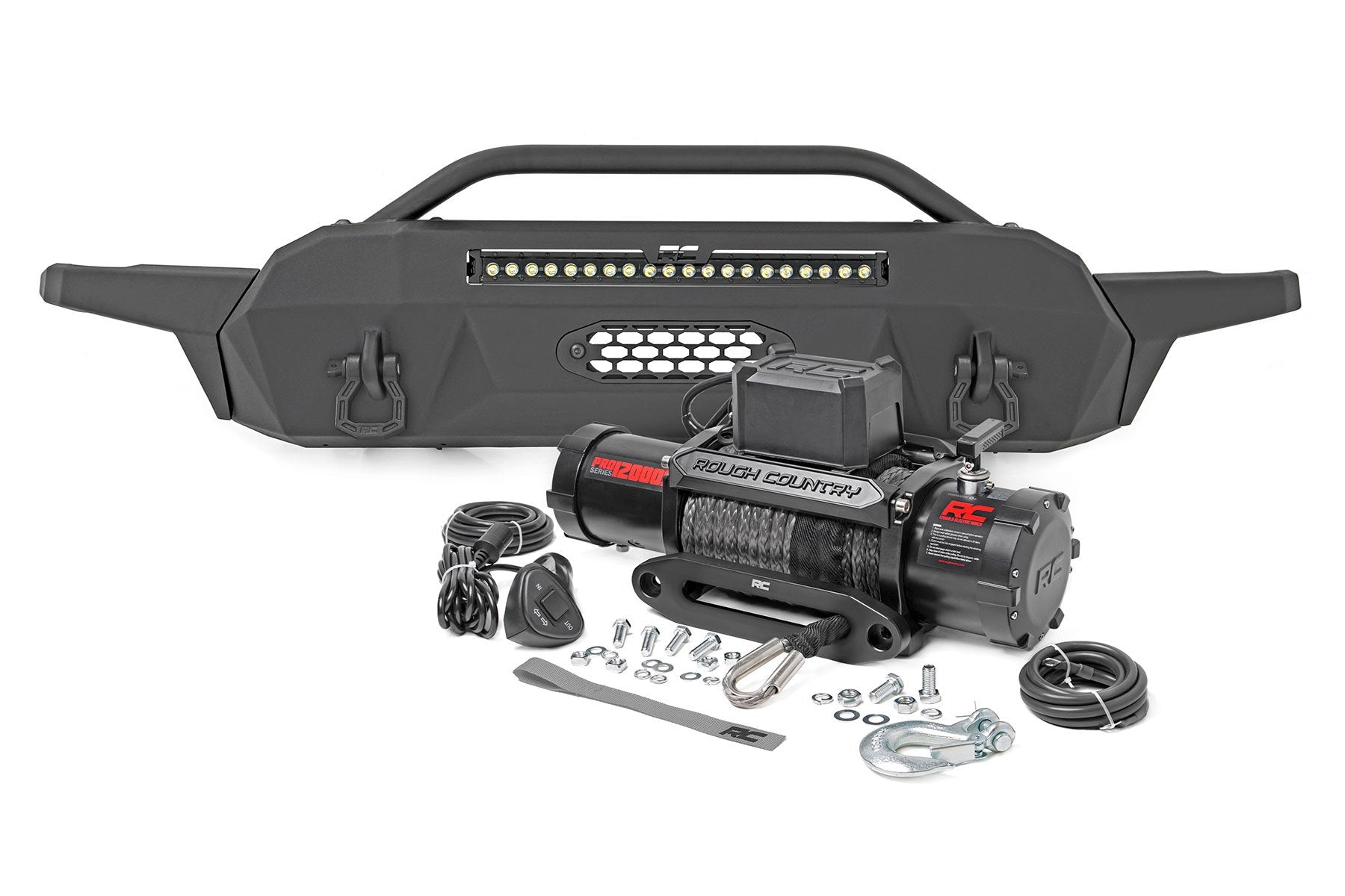 Rough Country Front Bumper | Hybrid | 20" Blk LED | 12000-Lb Winch Syn | Toyota Tacoma (16-23)
