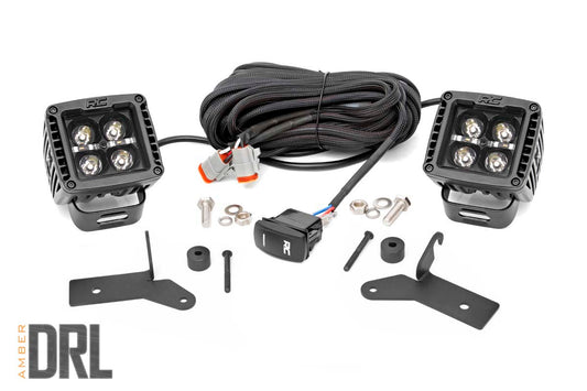 Rough Country LED Light Kit | Hinge Mount | 2" Black Pair | Amber DRL | Jeep Gladiator JT/Wrangler JL (18-26)