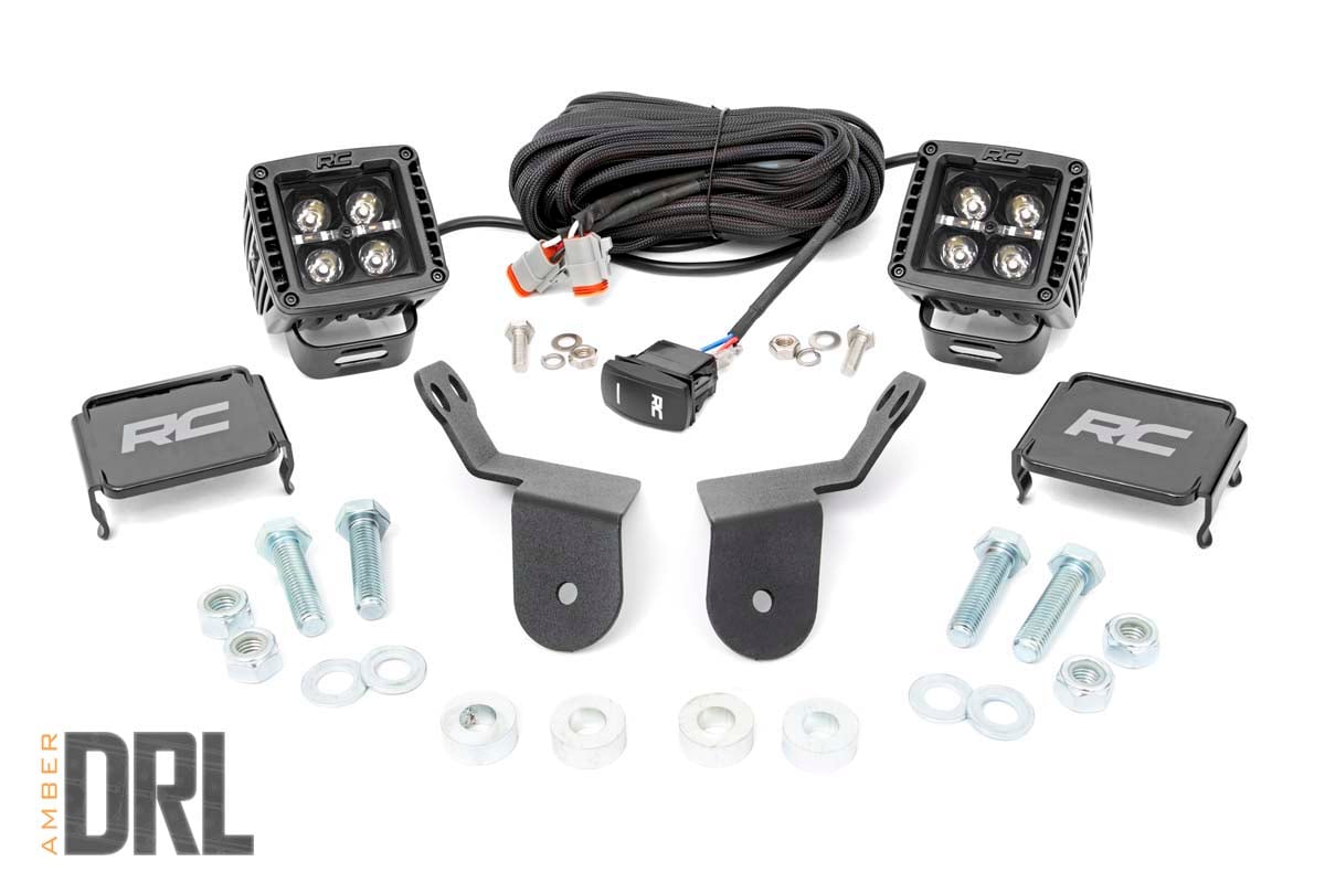 Rough Country LED Light Kit | Cage Mount | 2" Black Pair | Amber DRL | Honda Pioneer 1000