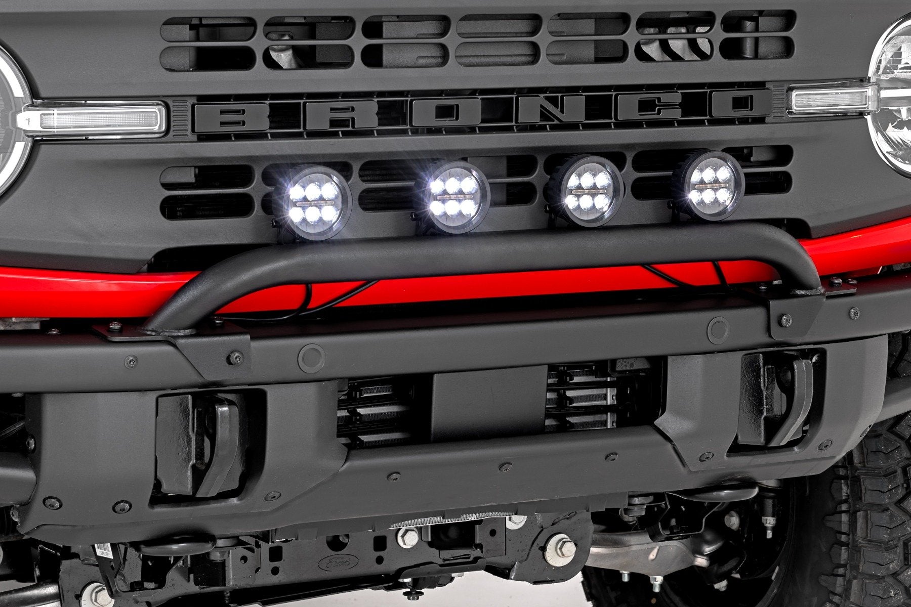 Rough Country Light Bar Mount | 3.5" Round LED (Quad) | Black | Amber DRL | OE Modular Steel | Ford Bronco (21-24)