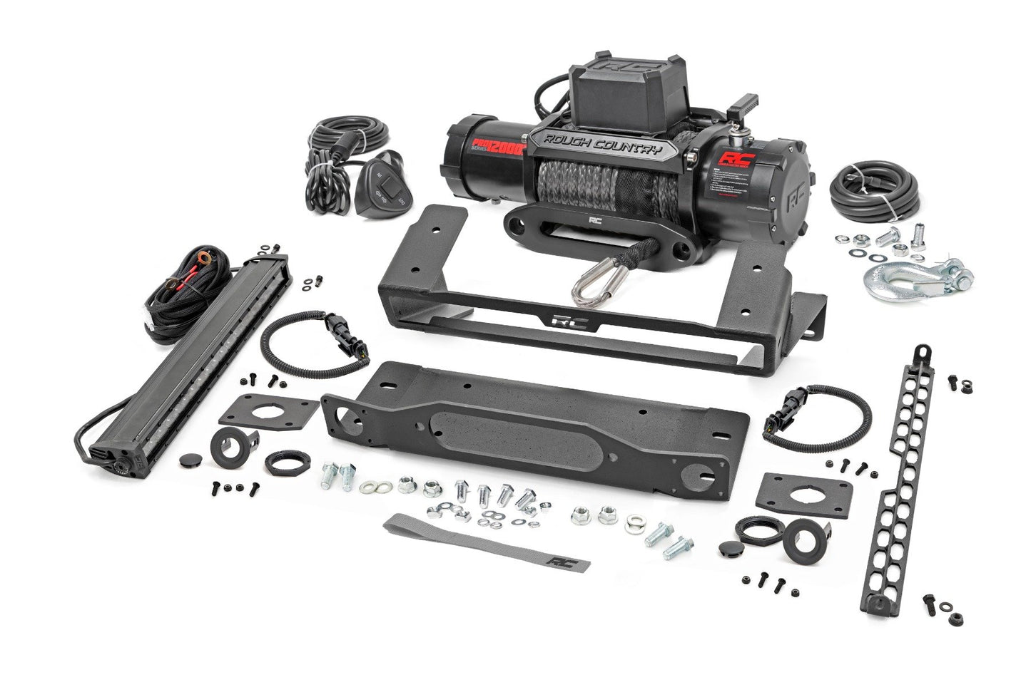 Rough Country High Winch Mount | All Models | 12000S | 20 Inch Black Single Row LED | Ford Bronco (21-25)