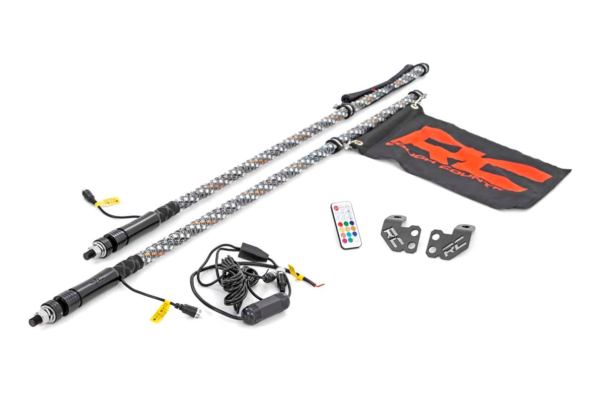 Rough Country Whip Mount | Cage | 4' Multl-Color LED Whip Pair | Polaris RZR XP 1000