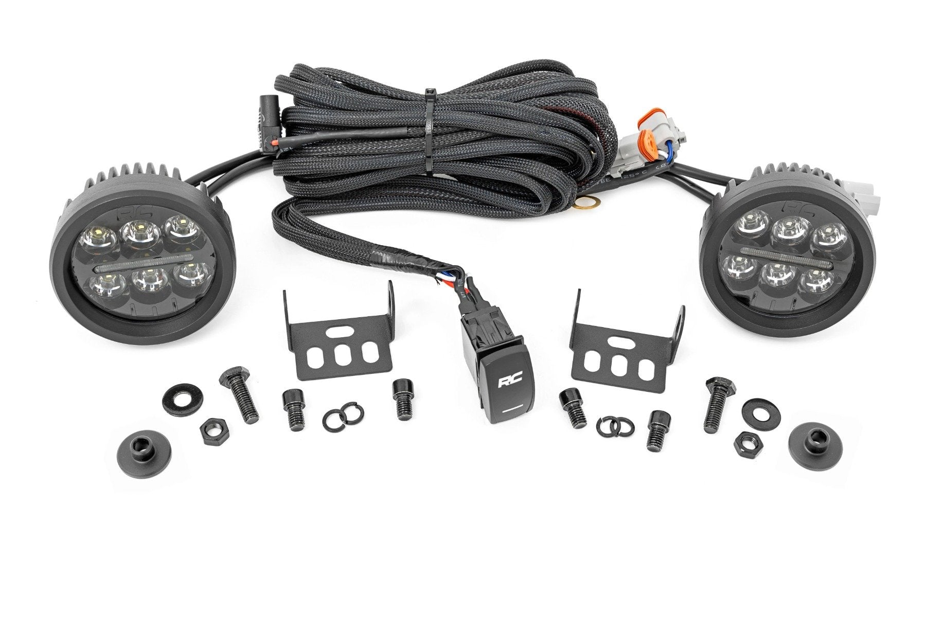 Rough Country LED Light Kit | Ditch Mount | 3.5" Black Round Pair | Amber DRL | Ford Bronco (21-25)